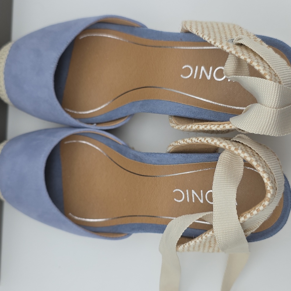NIB Vionic Aruba Maris Blue and Cream Espadrille Jute Wrap Wedge Women's Size 7 - Picture 6 of 10